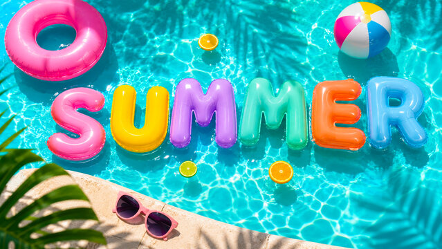 3D summer pool scene with colorful inflatable letters and beach accessories.