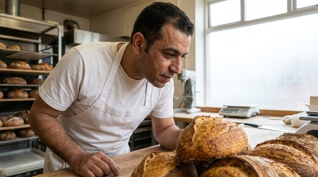 Baker in white apron inspecting fresh sourdough bread on a wooden counter. Feeling of craftsmanship and quality baking.