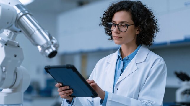 A focused woman in a lab coat utilizes a tablet, alongside robotic arm, symbolizing technological advancement and precision. 