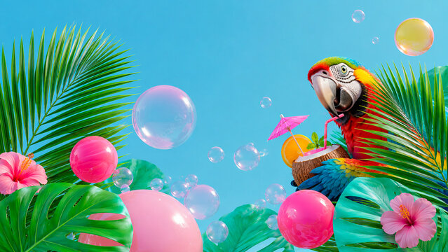 Tropical parrot with a cocktail among palm leaves, flowers, bubbles and copy space.