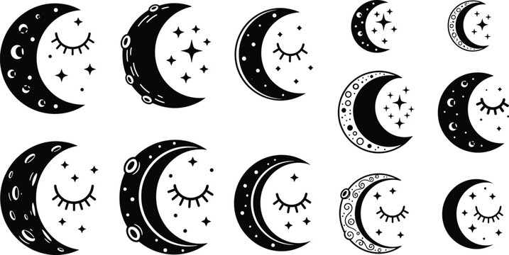 Crescent Moon And Star Icon Set, Cute Sleeping Moon Face Silhouettes, vector illustration