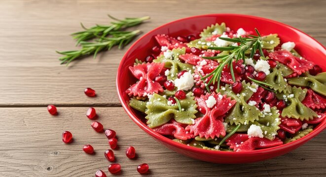 A festive bowl of red and green bowtie pasta garnished with fresh rosemary sprigs, pomegranate seeds, and white cheese on a rustic table, still life, cheese, kitchen