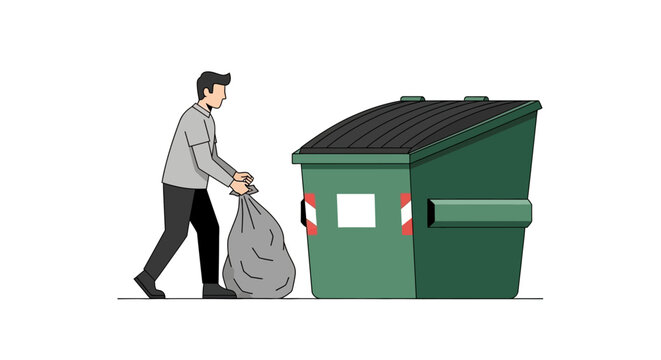Man Carrying Trash Bag to Large Green Dumpster Illustration for Waste Management and Sanitation Services