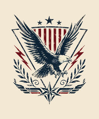 Fototapeta premium A majestic vintage bald eagle illustration with spread wings flying over a grunge American flag shield vintage retro usa patriotic t-shirt design
