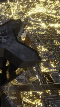 A view from above shows a city at night filled with lights from buildings and streets. The scene captures the vibrant life of the urban area during evening hours.
