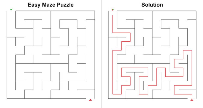 Easy Maze Puzzle with Solution for Kids - Simple Labyrinth Activity Sheet