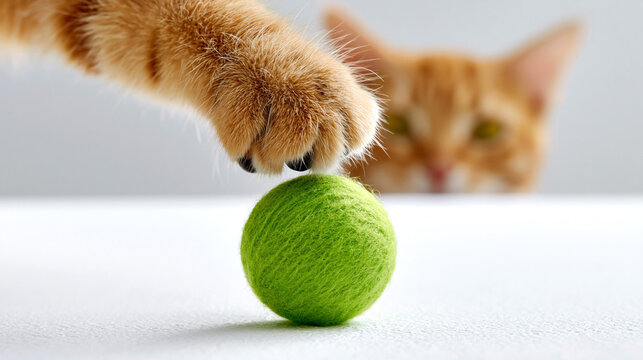 Fluffy orange cat paw with dark toe pads reaching for a green felt ball on a white surface, with the cat's face slightly blurred in the background