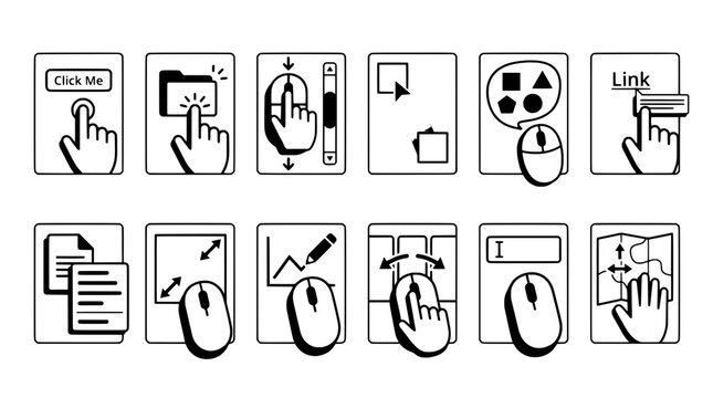 Icons computer mouse click set with various actions and interactions featuring interaction, cursor, clickable with link and select elements for drag,