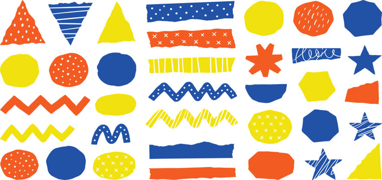 Abstract Hand Drawn Paper Cut Geometric Shapes Vector Set with Washi Tape and Colorful Patterned Design Elements