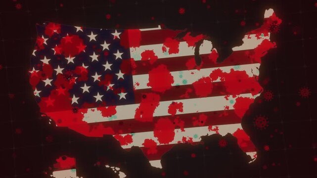 United States map with virus symbols illustrates a pandemic outbreak spreading across the country and affecting multiple regions