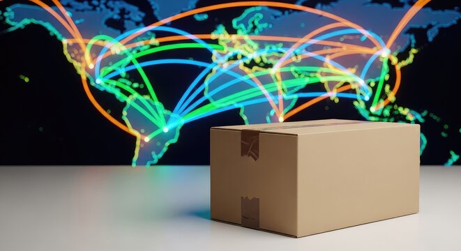 A generic cardboard shipping container rests on a surface with a blurred map background showing bright network lines for global transport, cartography, table, surface
