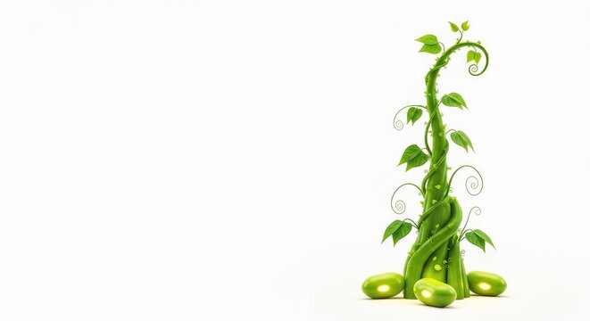 A giant spiraling green beanstalk grows rapidly from glowing magic beans against a solid white background, reaching upward into the sky, growth, mystical, magic