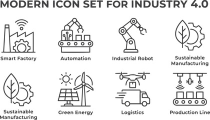 Obraz premium Modern Industry 4.0 and Sustainable Manufacturing Icon Set