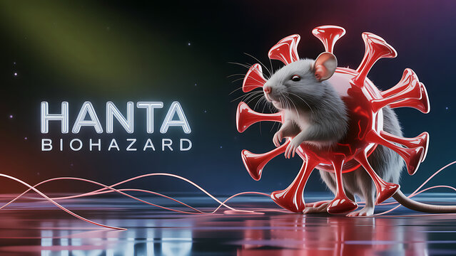 Grey mouse with red virus particles attached to its body standing on shiny floor with hanta biohazard text in background  biohazard concept