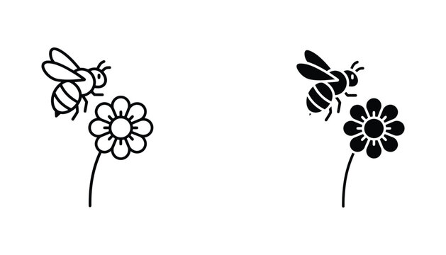 Cute bumblebee flying over a daisy flower vector icon in black and white line art and solid silhouette style for nature and garden themes