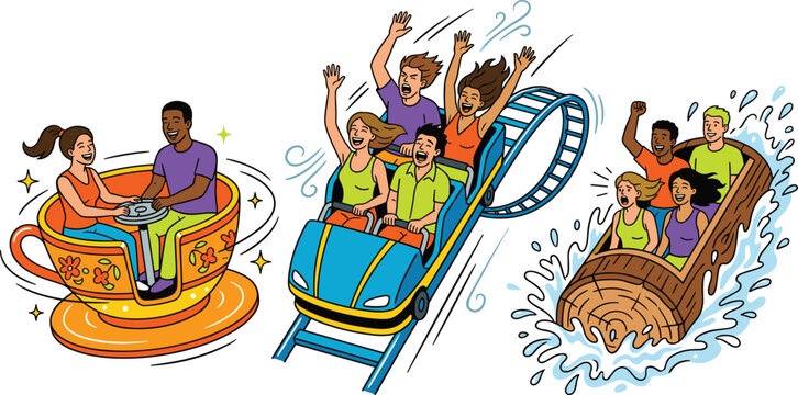 Amusement Park Ride Vector Set Featuring Roller Coaster Log Flume and Spinning Teacups with Happy People