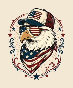 Cool bald eagle cartoon mascot sporting American flag sunglasses a baseball cap and a patriotic bandana  retro usa  patriotic t-shirt design