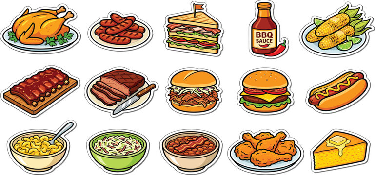 Barbecue Food Sticker Collection Featuring Grilled Meat Chicken Burger Ribs and Traditional BBQ Side Dishes