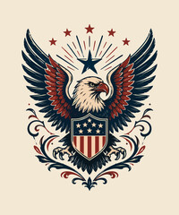 Fototapeta premium Majestic bald eagle illustration with patriotic shield stars and stripes patriotic t-shirt design vintage retro usa patriotic t-shirt design