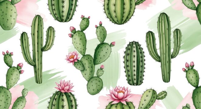 A seamless watercolor pattern featuring green cacti with soft pink desert blooms and abstract painterly strokes on a clean white backdrop, bloom, foliage, succulent
