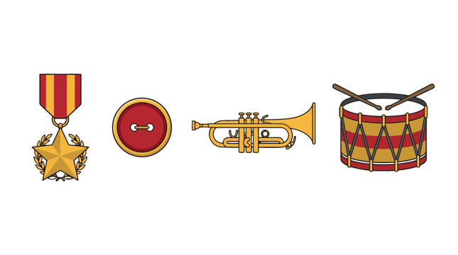 Military and musical instruments vector illustration set with medal button trumpet and drum for ceremony parade and event design.