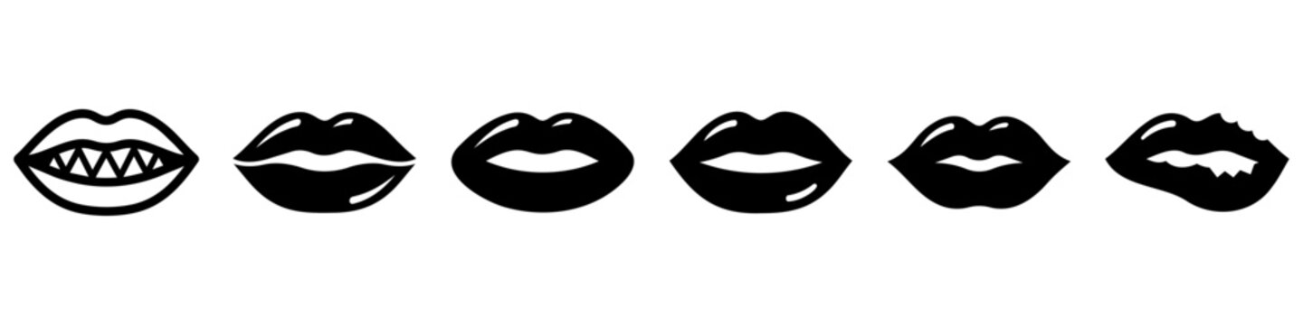Collection of stylized lip icons in various shapes including a vampire mouth with sharp teeth