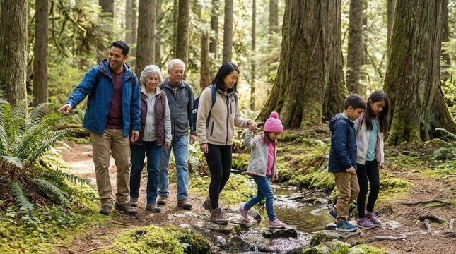 Multi-generational family hiking through a lush green forest, stepping carefully across rocks in a small stream. Outdoor adventure and bonding in nature.