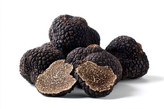 Studio still life of premium black truffles with sliced sections and soft shadows
