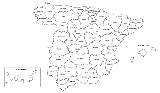 Detailed black and white outline map showing all the provinces of Spain including the canary islands and balearic islands presented as a graphic on transparent background