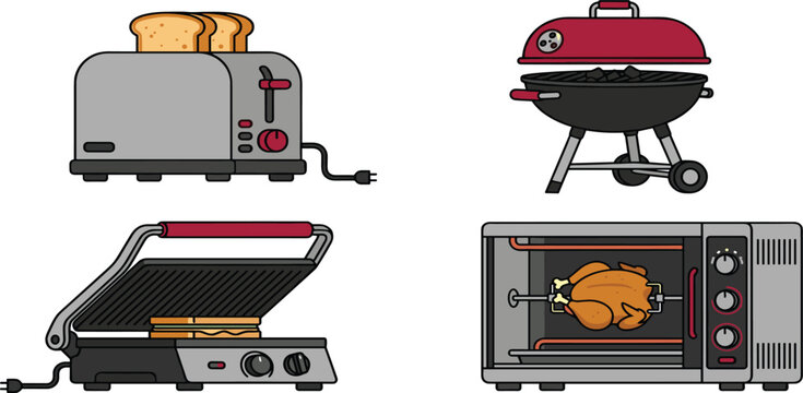 Kitchen and Outdoor Cooking Appliance Vector Set Featuring Toaster Barbecue Grill Panini Press and Rotisserie Oven