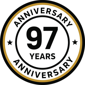 97 Years Anniversary Badge Vector Emblem with Gold and Black Circular Design for Celebration Events