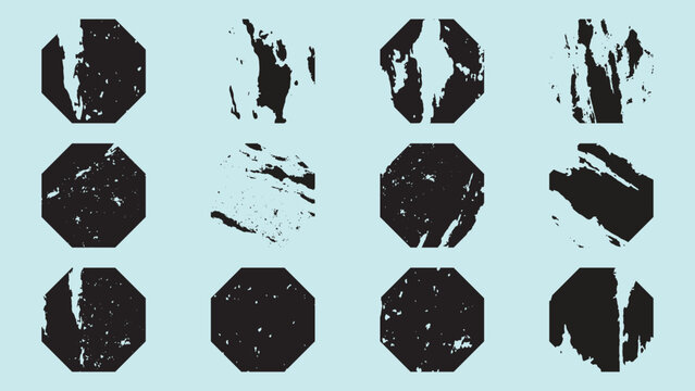 Grungy black octagon shapes on light blue background  grunge design elements  abstract distressed octagonal textures