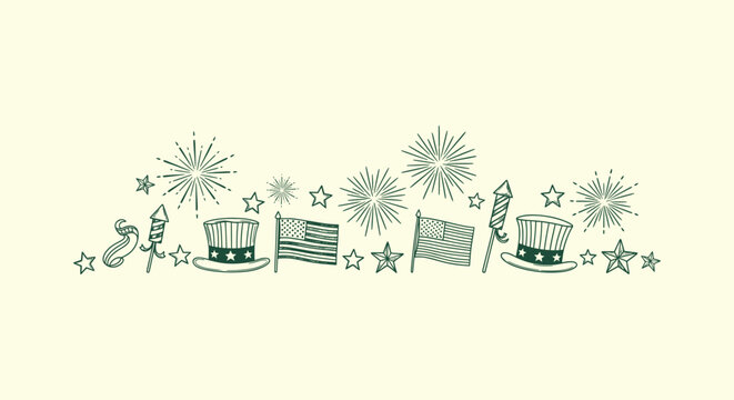 Hand drawn 4th of July doodle elements with American flags stars hats and fireworks on background.