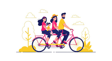 Fototapeta premium Happy Family Riding Tandem Bicycle Together Illustration, Parents and Children Outdoor Activity, Togetherness and Teamwork Concept Vector
