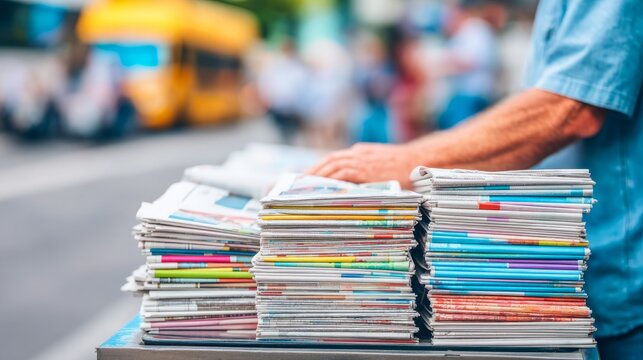 Organized Stacks of Folded Newspapers on a Table in a Busy Urban Environment