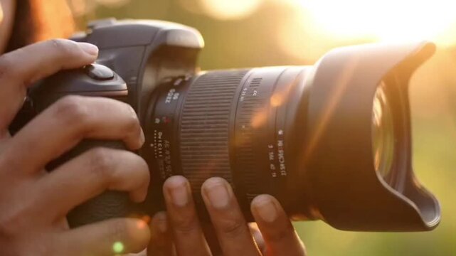 Hands holding professional dslr camera with telephoto lens outdoors at golden hour capturing nature photography with cinematic light flares and soft focus.