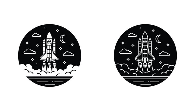 Space shuttle rocket launching into the night sky with moon and stars in both circular outline and solid black silhouette styles for astronomy education and aerospace branding graphic design