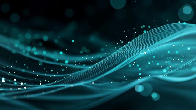 Abstract blue wave particles background with glowing lines and bokeh lights effect