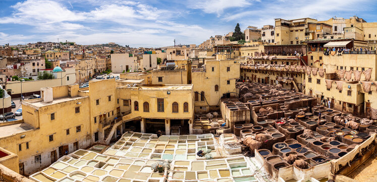Chouara tannery in fez, morocco showing traditional leather dyeing