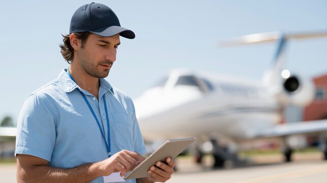 Aviation professional reviews digital information against the backdrop of a sleek private aircraft, embodying expertise and precision in the realm of travel and transport.