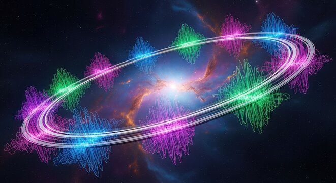 Massive orbital ring structures span across a cosmic nebula, emitting vibrant multidimensional energy waves for deep space telecommunications, connectivity, glowing, science fiction