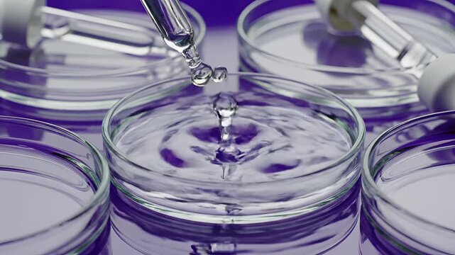 Closeup of purple liquid being dropped into petri dishes in a lab.