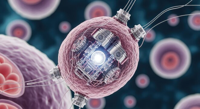 Microscopic view of a sophisticated bio-engineered nanobot featuring intricate mechanical structures within a glowing cellular landscape, cybernetic, digital, visualization