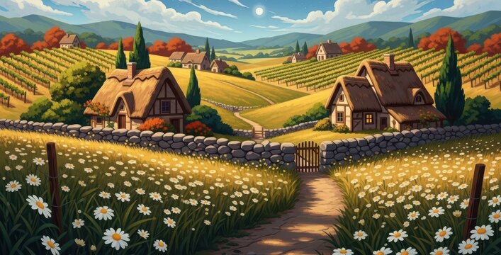 Charming rural landscape with thatched cottages, rolling hills and daisy fields.