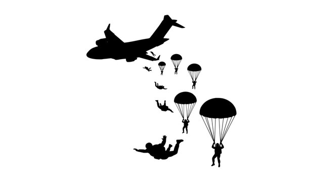 Airborne military soldiers parachuting from cargo airplane silhouette vector illustration