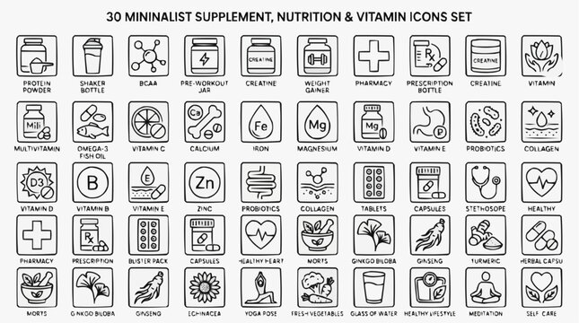 A collection of 30 minimalist line icons designed for supplements, nutrition, and vitamin-related graphic representations.