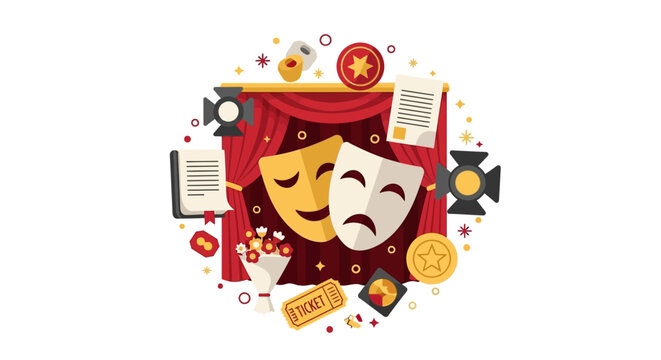 Theatre and Drama Illustration with Comedy and Tragedy Masks, Red Stage Curtains, Spotlights, and Performance Icons
