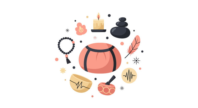 Meditation Wellness Icon Set with Singing Bowl, Zafu Cushion, Zen Stones, and Mala Beads. Flat Vector Illustration for Mindfulness, Yoga, Spa, and Holistic Healing.