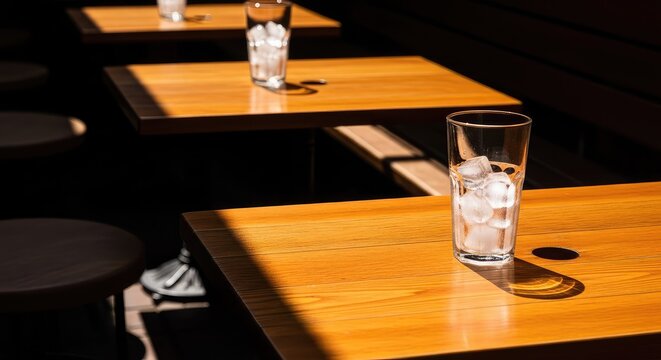 Una terraza soleada bajo el intenso calor de la tarde, con mesas de madera, vasos con hielo y sombras profundas proyectadas por el sol, sunlight, bright, environment