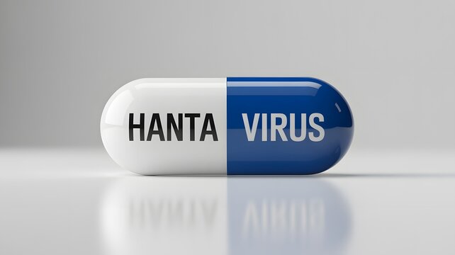 A large blue and white capsule with Hanta Virus text on a reflective surface